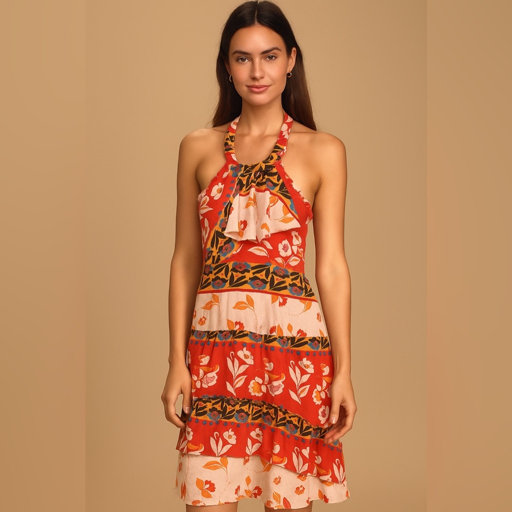 Parker Red and White Floral Halter Silk Dress size medium lined